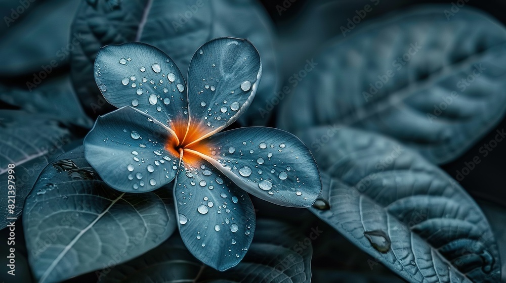 Blue flower with water droplets and a green leaf in close-up Blue flower with water droplets and a green leaf in close-up