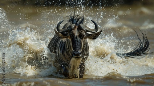   A wildebeest leaps across the water, drenching its neighbor