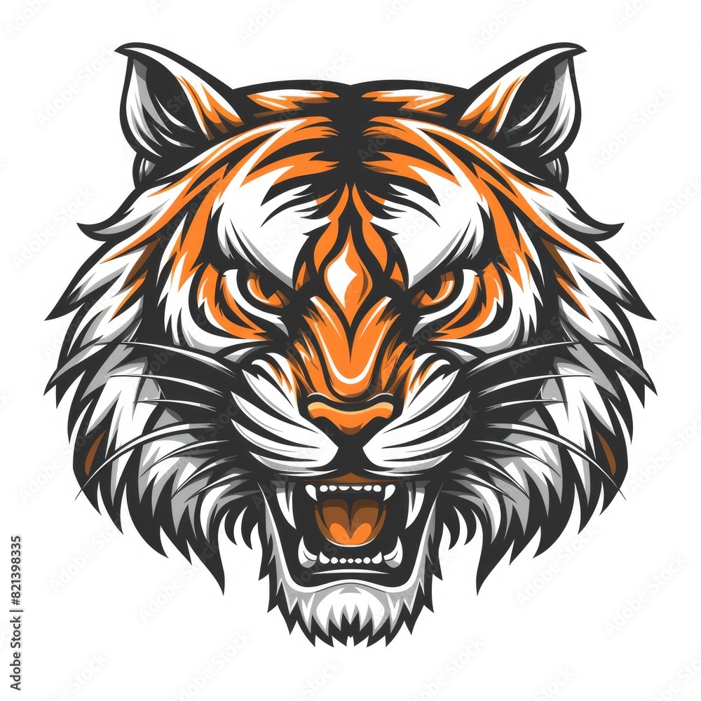 Furious tiger emblem artwork, fierce feline head symbol, aggressive wildcat logo in vector illustration on white background
