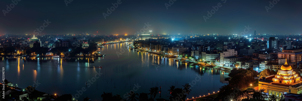 Stylized Night View Of Dhaka Cityscape With Illuminated River And Stylized Night View Of Dhaka Cityscape With Illuminated River And