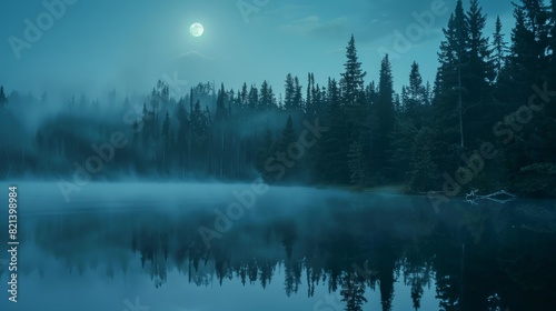 A serene lake surrounded by trees at night, with the moon glowing above and mist rising from the water, creating a tranquil atmosphere.