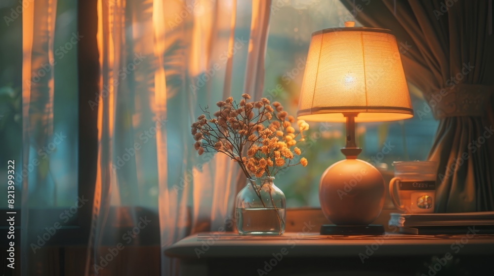 a table lamp with a warm light bulb or natural light filtered through sheer curtains generative ai a table lamp with a warm light bulb or natural light filtered through sheer curtains generative ai