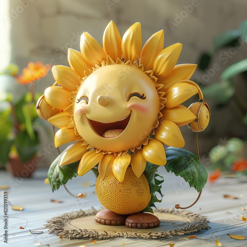 Joyful 3D Cartoon Sunflower with Wireless Headphones Dancing
 photo