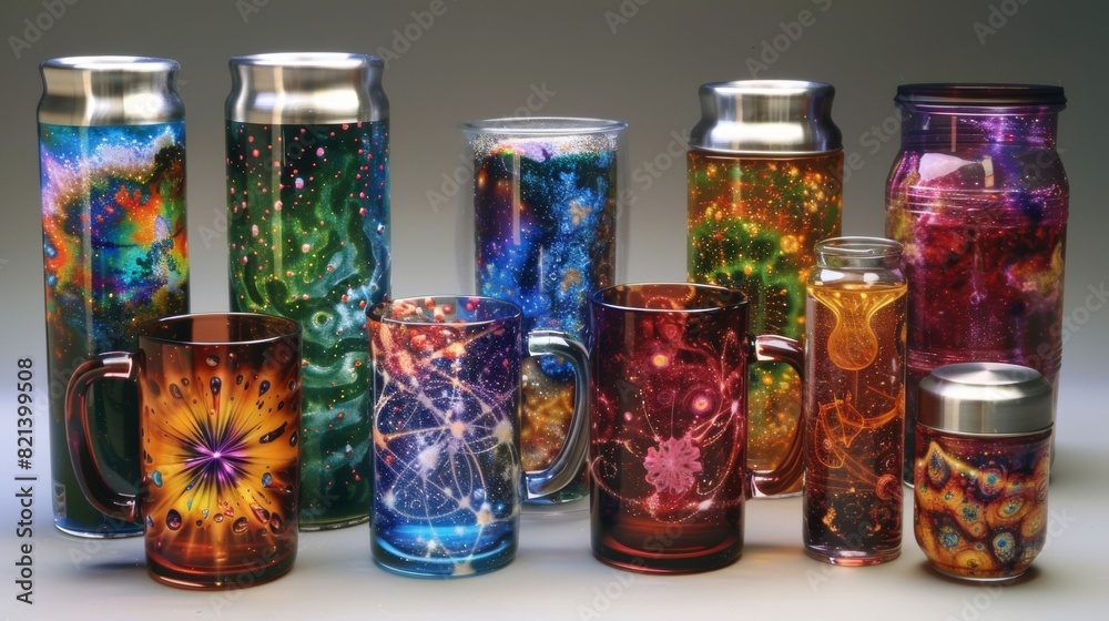 A selection of mugs and water bottles decorated with images of particles in a kaleidoscopelike design. A selection of mugs and water bottles decorated with images of particles in a kaleidoscopelike design.