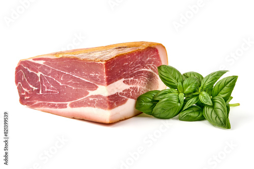Traditional Spanish Jamon Serrano ham, Prosciutto Crudo, Parma ham, Italian antipasto, isolated on white background