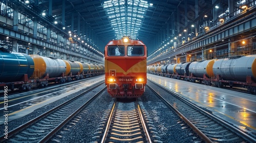 A brightly colored locomotive stands prominently in the center of an expansive, well-lit railway station filled with numerous freight cars and intricate tracks