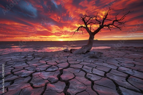 A tree stands alone in a barren, dry landscape photo