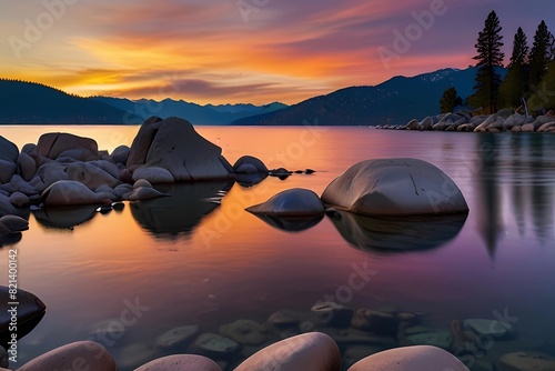 Purple Tahoe Sunset. Sunset at Sand Harbor, Lake Tahoe, Nevada. Large granite boulders reflecting into glassy water with warm light.
 photo