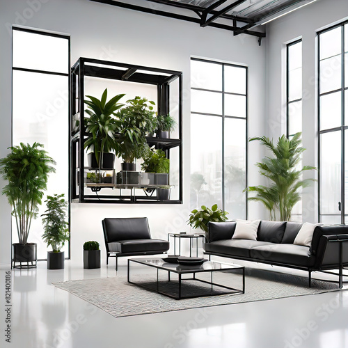 The stylish white wall throughout the stage has a subtle texture and modern appeal, hanging two large identical black steel frames, a sleek industrial design with rounded corners. photo