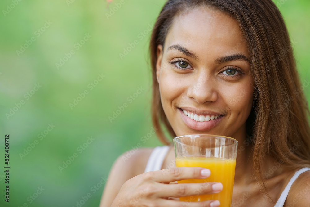 Beautiful African American girl drinking fresh orange juice on a blurred green background with copy space Beautiful African American girl drinking fresh orange juice on a blurred green background with copy space