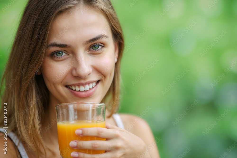 Happy beautiful European woman drinking fresh orange juice on a blurred green background with copy space Happy beautiful European woman drinking fresh orange juice on a blurred green background with copy space