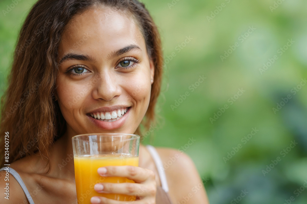 African American girl is smiling and holding a glass of orange juice with copy space. Concept of happiness and positivity, as the woman is enjoying her drink African American girl is smiling and holding a glass of orange juice with copy space. Concept of happiness and positivity, as the woman is enjoying her drink