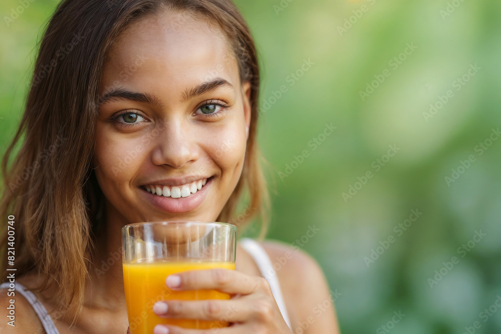 Portrait of a happy beautiful African American girl drinking fresh orange juice on a blurred green background with copy space Portrait of a happy beautiful African American girl drinking fresh orange juice on a blurred green background with copy space