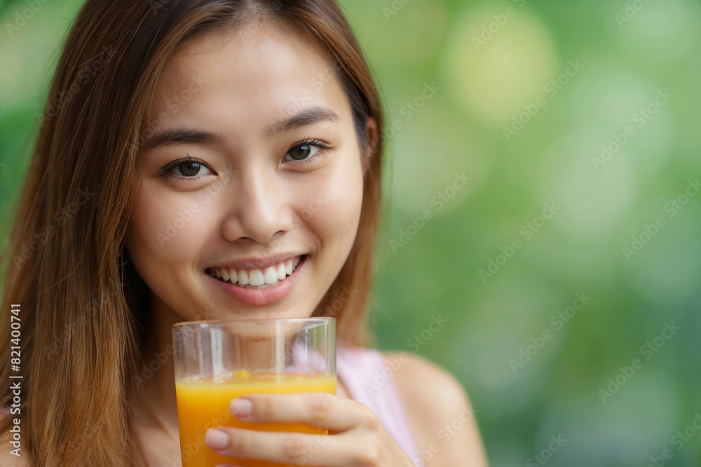 Portrait of a happy beautiful Asian girl drinking fresh orange juice on a blurred green background with copy space Portrait of a happy beautiful Asian girl drinking fresh orange juice on a blurred green background with copy space