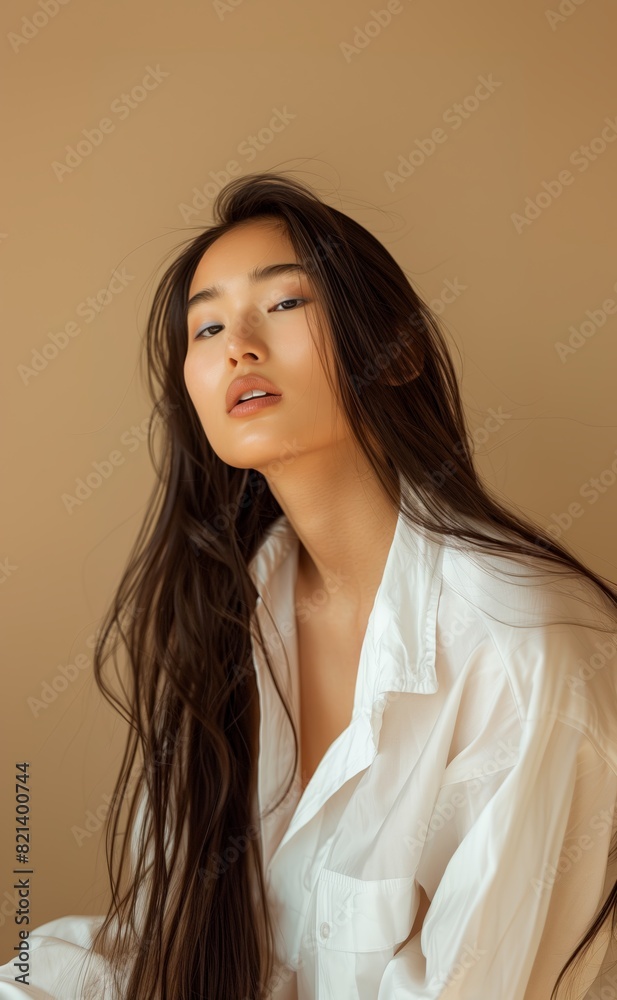 Elegant Asian Woman with Long Flowing Hair in White Shirt Against Beige Background in Serene Expression Elegant Asian Woman with Long Flowing Hair in White Shirt Against Beige Background in Serene Expression