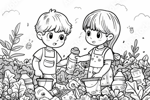 Two children are picking up trash in a garden. One of them is holding a plastic bottle. The scene is meant to convey the importance of keeping the environment clean