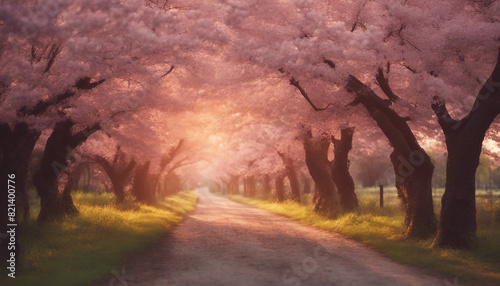dirt road of sakura trees  sunset view 