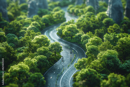 A minimalist depiction of a bicycle lane winding through a green landscape, promoting eco-friendly transportation alternatives. Generative Ai. photo