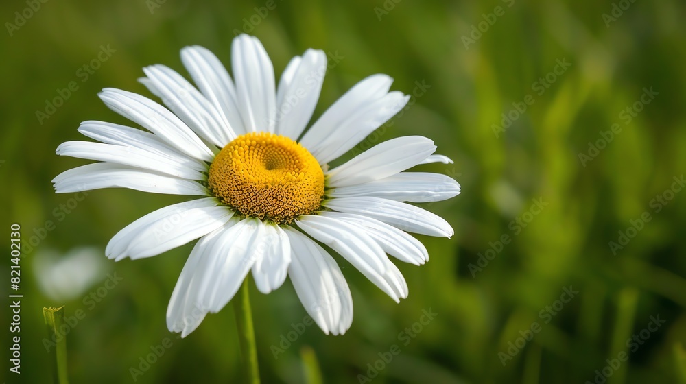Fototapeta premium A beautiful chamomile flower with white petals and a yellow center. The flower is in focus, with a blurred background.
