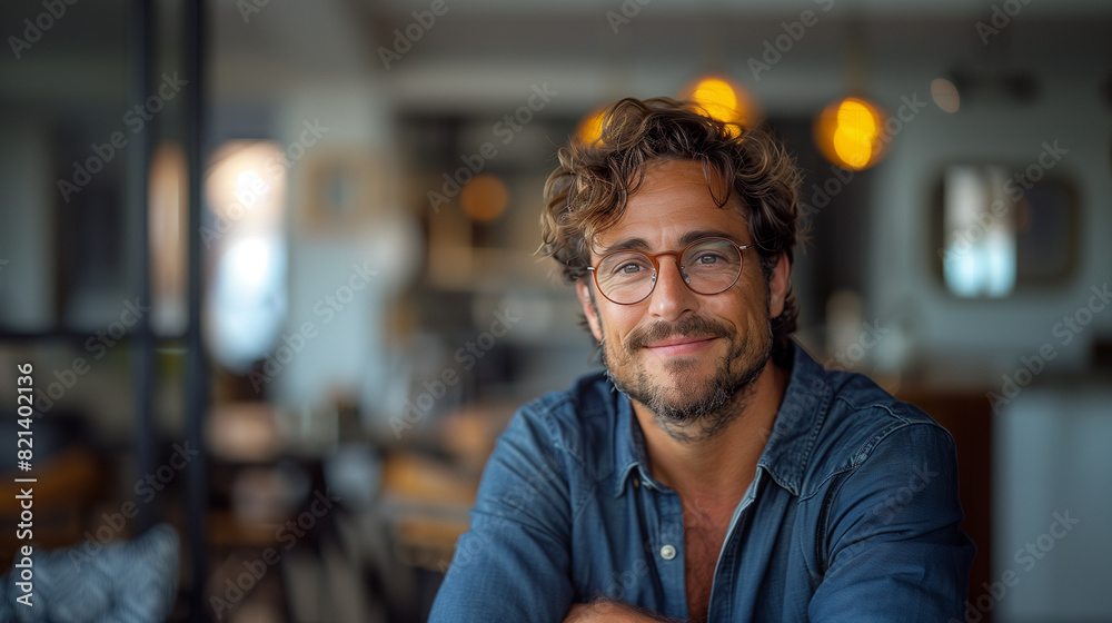 Portrait of handsome man with glasses sitting at table in apartment and looking to camera smiling, soft focus photography, professional color grading