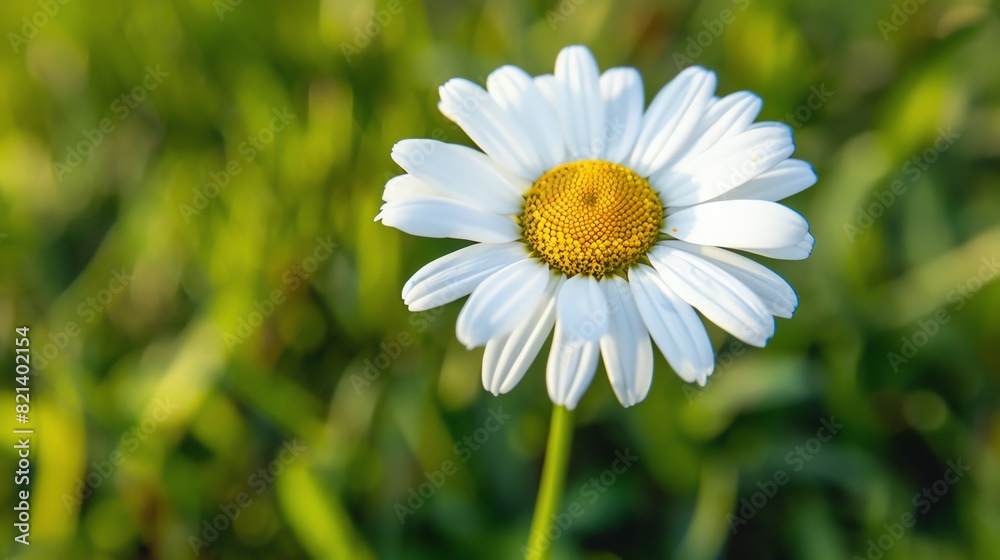 Obraz premium A beautiful chamomile flower in full bloom against a blurred background of green grass.
