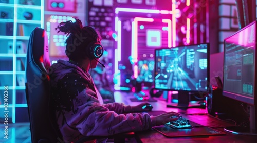 Man gamer playing game in gaming room with glowing neon light