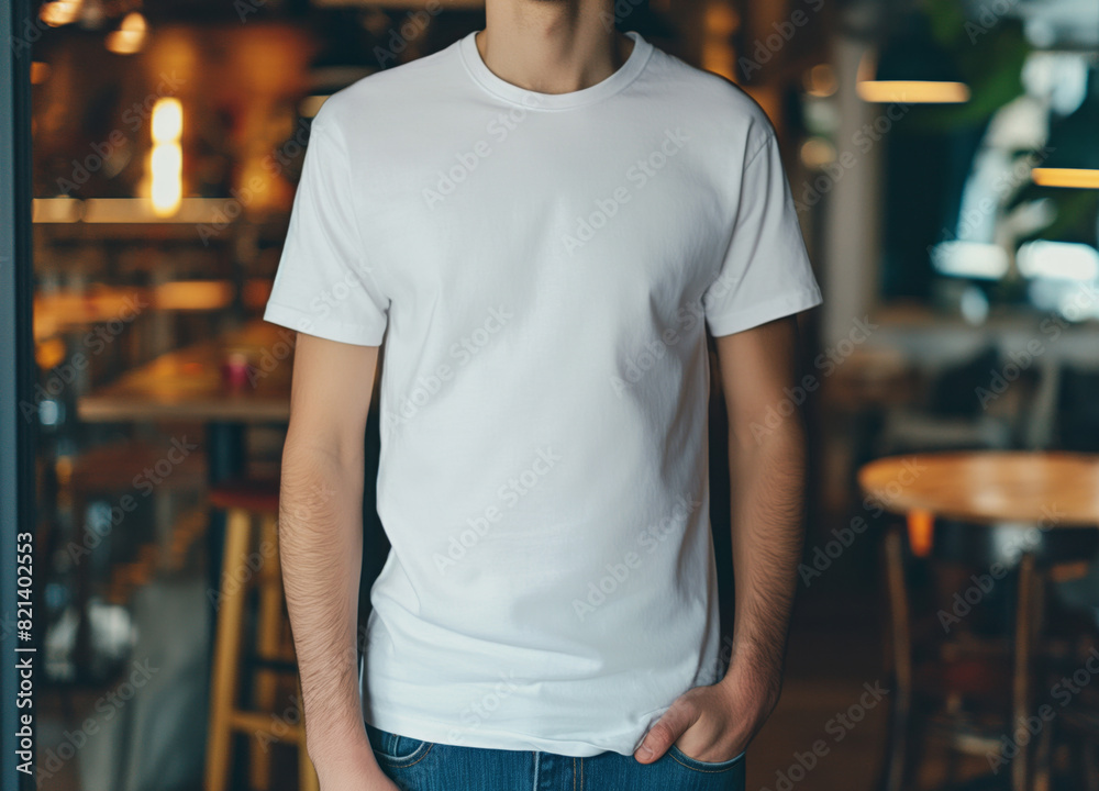 Man in plain white t-shirt at cafe Man in plain white t-shirt at cafe