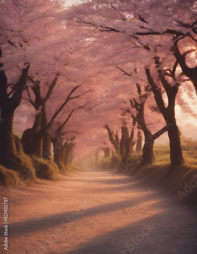 dirt road of sakura trees, sunset view  © abu
