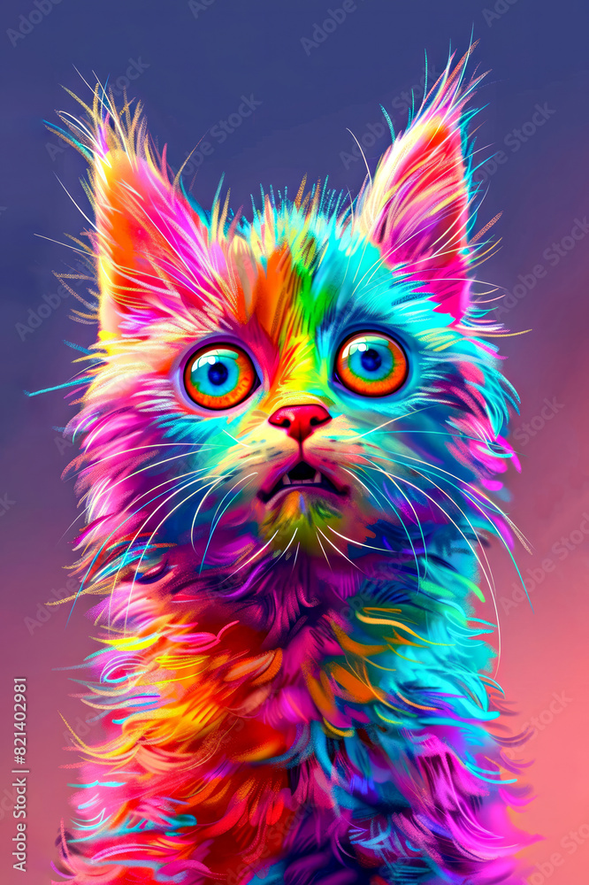 Rainbow Kitty with Wide Eyes, A digital painting of a colorful kitten with large eyes, displaying a surprised expression.