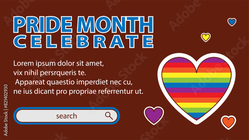 Landing page celebrating LGBT Pride month in June. Lesbians, gays, bisexuals, transsexuals. LGBT flag and heart. Rainbow love concept. Human rights and tolerance. Poster, postcard, banner.