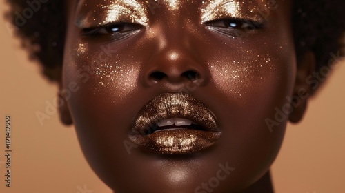 Photography  beauty  portrait  makeup  woman  fashion  editorial  gold  glossy  lips  close-up  glamour.