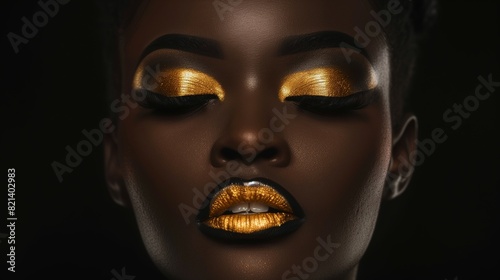 Photography, beauty, portrait, makeup, woman, fashion, editorial, gold, glossy, lips, close-up, glamour.