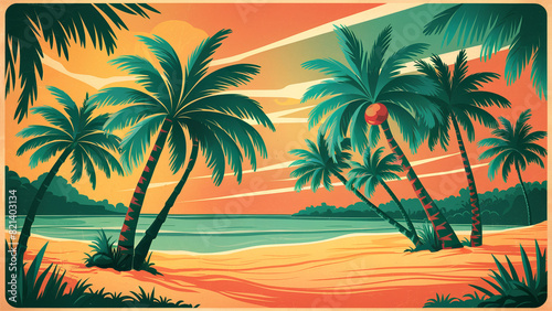 A stylized, vibrant illustration of a tropical beach scene at sunset. Tall palm trees with lush green fronds are scattered along the golden sand. The sky is a warm gradient of orange and yellow w...