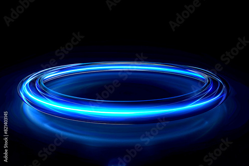 Neon Blue Ring on Dark Background, A glowing neon blue ring with a slightly blurred motion effect on a black background, creating a reflection on the surface.