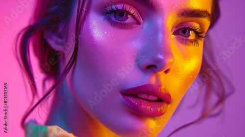 Photography, beauty, portrait, fashion, close-up, neon makeup, woman, vibrant, editorial, glossy, artistic, glowing.