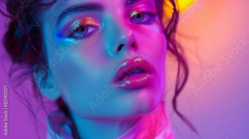 Photography  beauty  portrait  fashion  close-up  neon makeup  woman  vibrant  editorial  glossy  artistic  glowing.