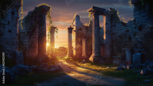**** A beautiful digital painting depicts ancient ruins illuminated by the setting sun. Vines hang from crumbling columns and walls, casting long shadows. The scene evokes a sense of history and ...