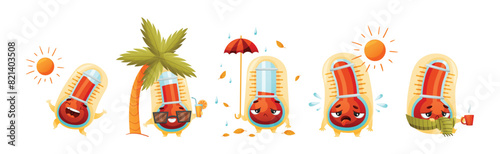Cartoon Thermometer Character in Different Pose and Action Vector Set