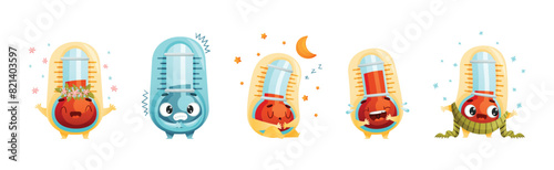 Cartoon Thermometer Character in Different Pose and Action Vector Set