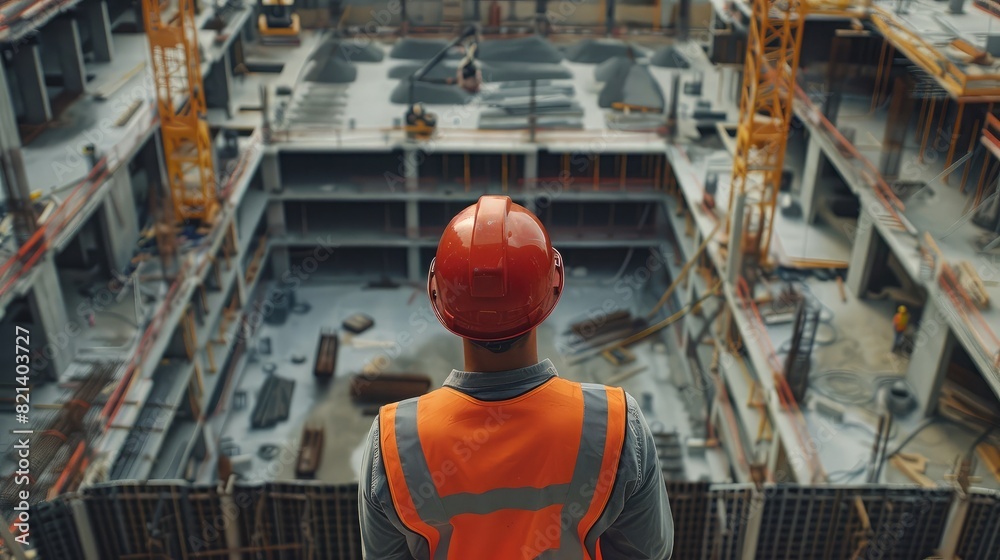 Elevated shot of engineer in hard hat assessing construction site layout and logistics. Elevated shot of engineer in hard hat assessing construction site layout and logistics.