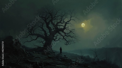 Silhouette of a man standing near a tree in a dark landscape © Gulkhanim