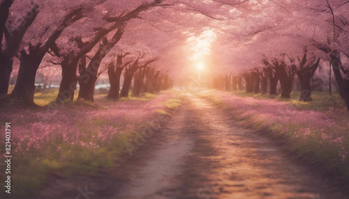 dirt road of sakura trees, sunset view  © abu