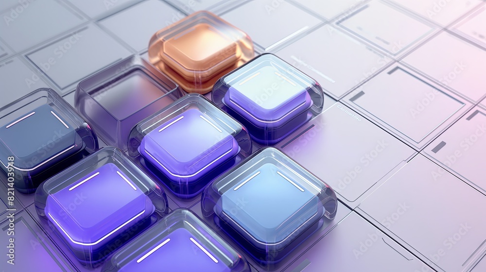Abstract geometric squares in 3D style scattered on the floor, glass texture, blue purple gradient