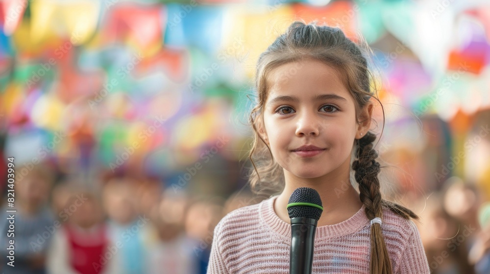 Girl seven years old child hold microphone. Talent competition, public speaking Girl seven years old child hold microphone. Talent competition, public speaking
