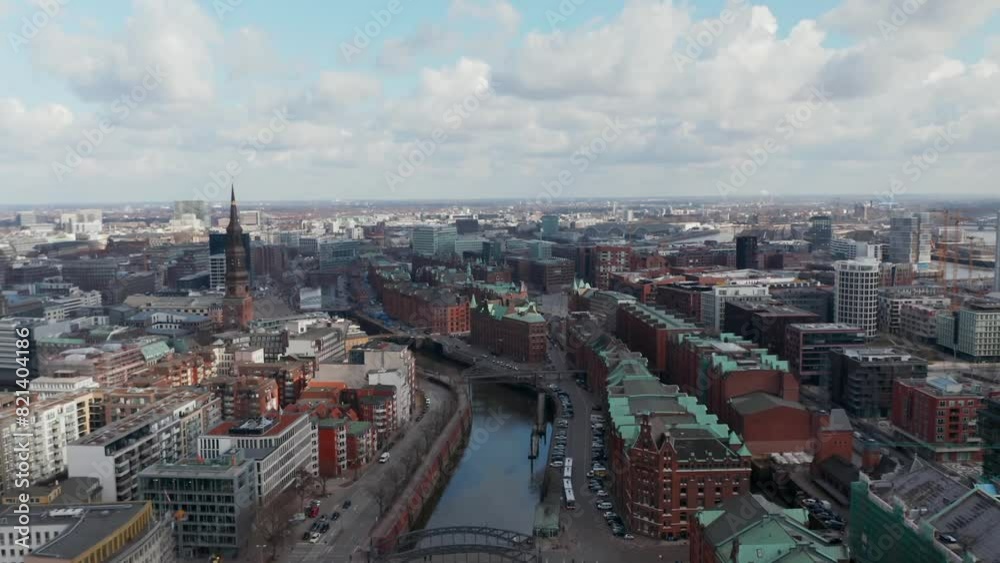 Aerial view of downtown Hamburg in Germany on a cloudy day.