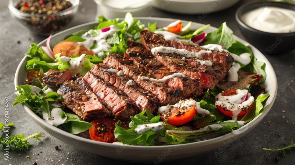 gourmet steak salad topped with juicy slices of grilled steak and creamy dressing. gourmet steak salad topped with juicy slices of grilled steak and creamy dressing.