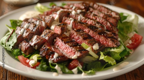 gourmet steak salad topped with juicy slices of grilled steak and creamy dressing.