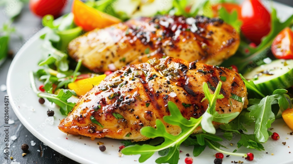 Grilled chicken breast served with a colorful salad, a healthy and flavorful meal option. Grilled chicken breast served with a colorful salad, a healthy and flavorful meal option.
