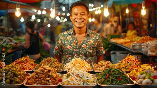 A smiling street food vendor stands behind a colorful and diverse array of vegetable and noodle dishes, illuminated by hanging light bulbs in a bustling night market