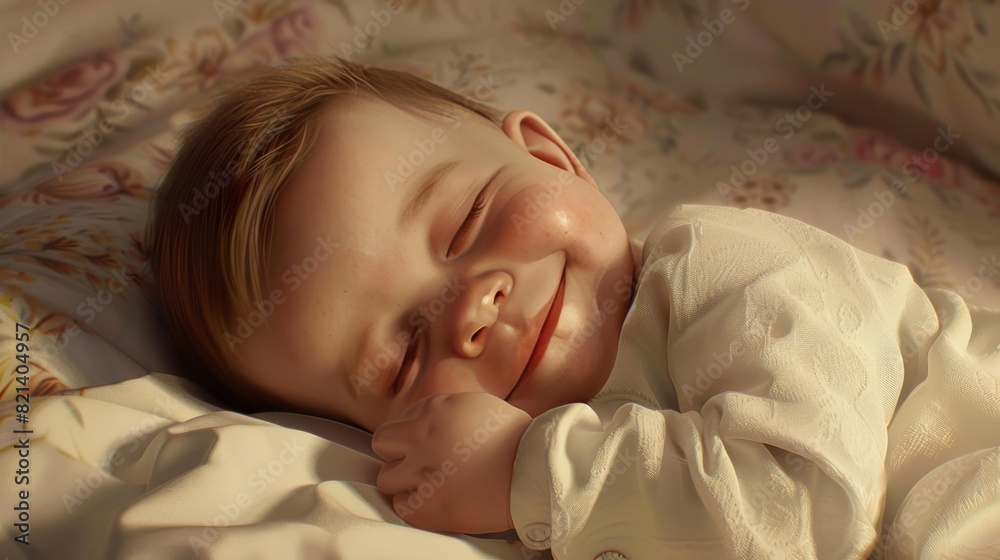 Obraz premium Sleeping baby girl in a white bed for children's themed designs
